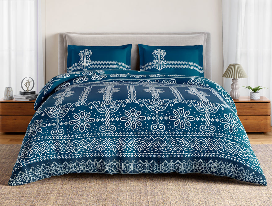 Essentials 100% Cotton Large Bedsheet, 144 TC, Ornate, Dark Teal