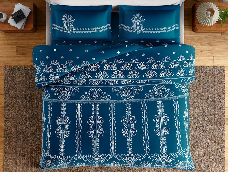 Essentials 100% Cotton Large Bedsheet, 144 TC, Ornate, Dark Teal