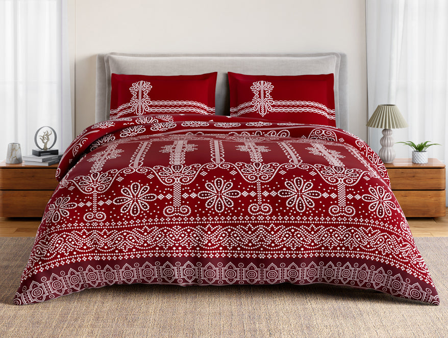 Essentials 100% Cotton Large Bedsheet, 144 TC, Ornate, Dark Red
