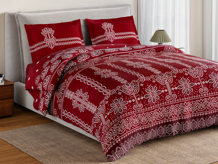 Essentials 100% Cotton Large Bedsheet, 144 TC, Ornate, Dark Red