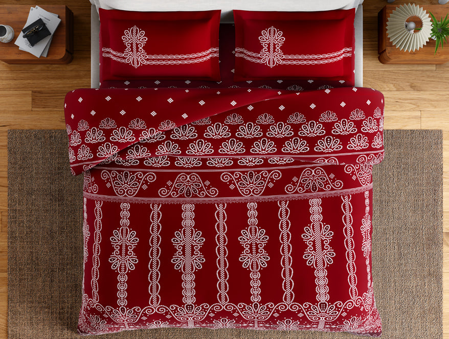 Essentials 100% Cotton Large Bedsheet, 144 TC, Ornate, Dark Red