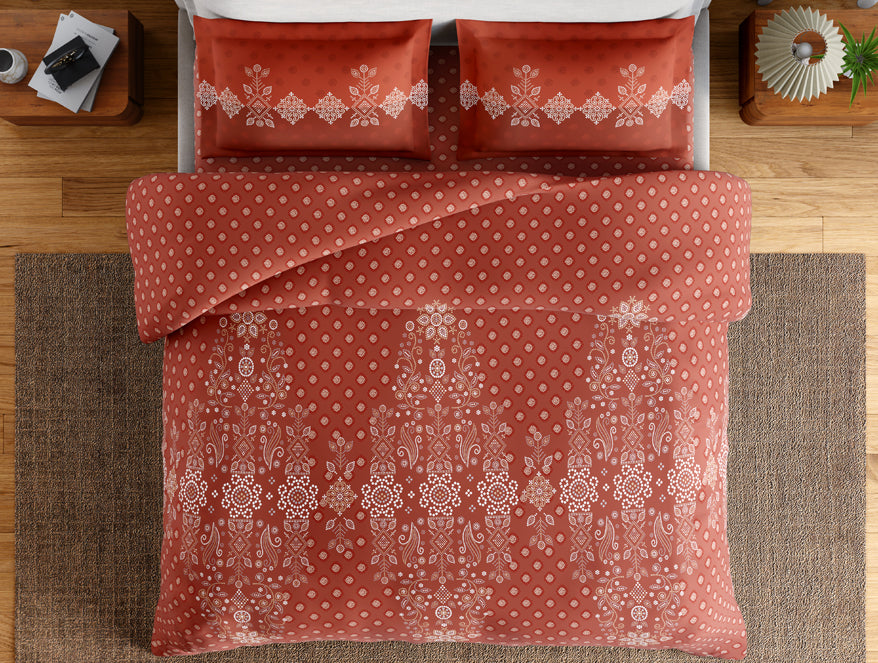 Essentials 100% Cotton Large Bedsheet, 144 TC, Ornate, Rust