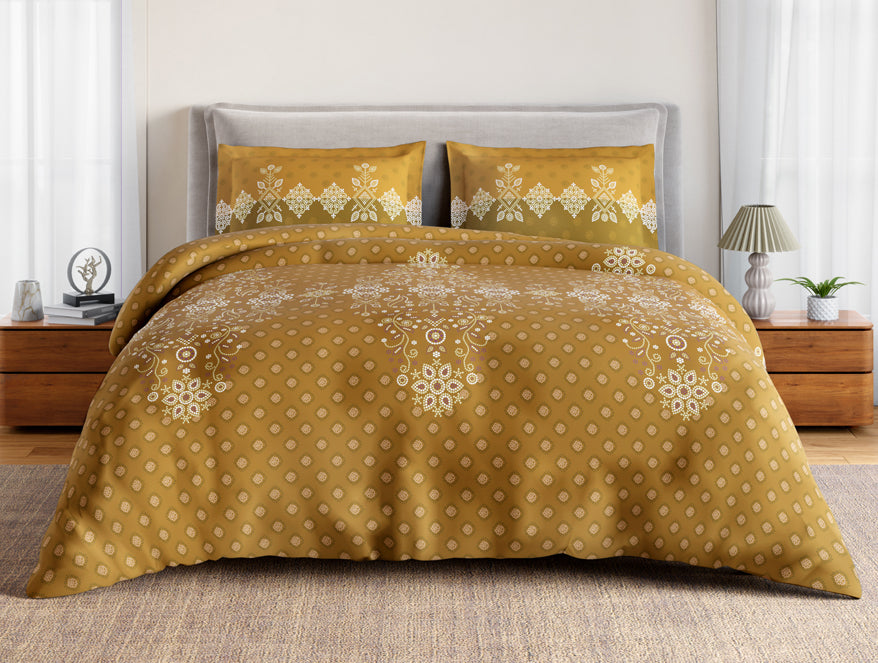 Essentials 100% Cotton Large Bedsheet, 144 TC, Ornate, Dark Yellow