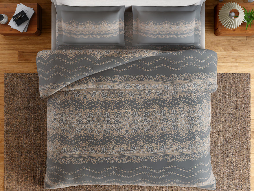 Essentials 100% Cotton Large Bedsheet, 144 TC, Ornate, Dark Grey