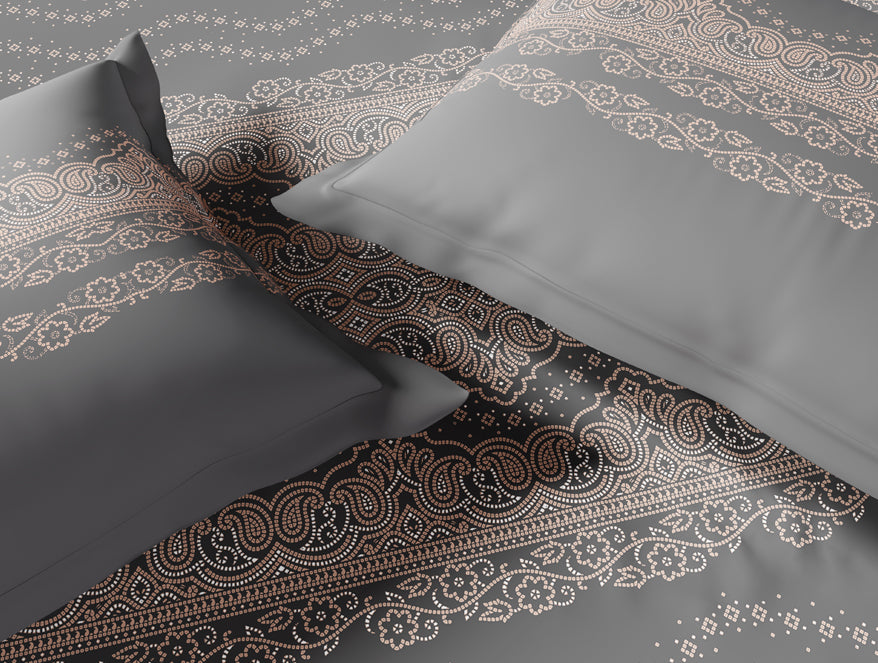 Essentials 100% Cotton Large Bedsheet, 144 TC, Ornate, Dark Grey
