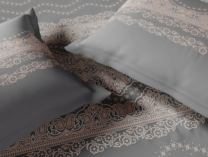 Essentials 100% Cotton Large Bedsheet, 144 TC, Ornate, Dark Grey