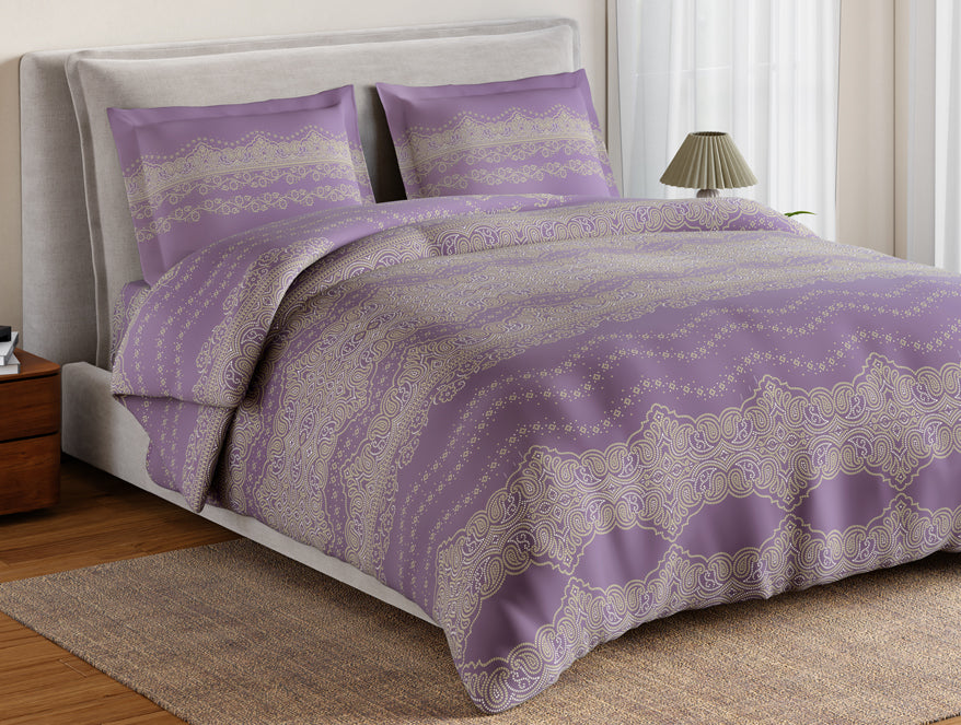 Essentials 100% Cotton Large Bedsheet, 144 TC, Ornate, Violet