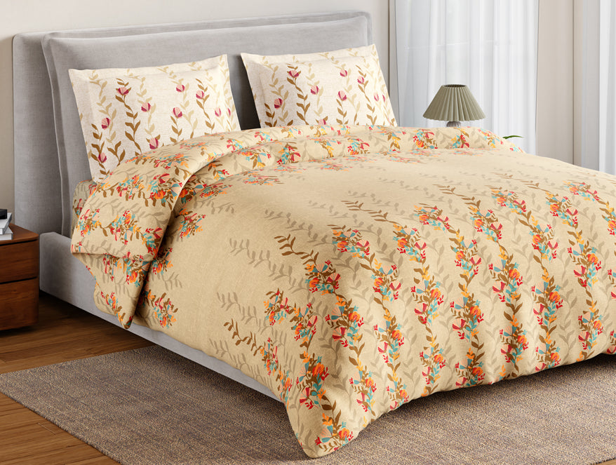 Essentials 100% Cotton Large Bedsheet, 144 TC, Floral, Light Taupe