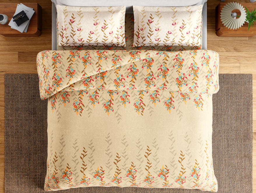 Essentials 100% Cotton Large Bedsheet, 144 TC, Floral, Light Taupe