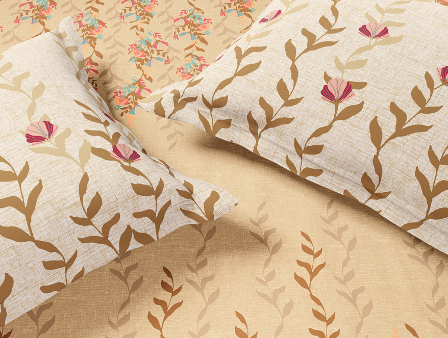 Essentials 100% Cotton Large Bedsheet, 144 TC, Floral, Light Taupe