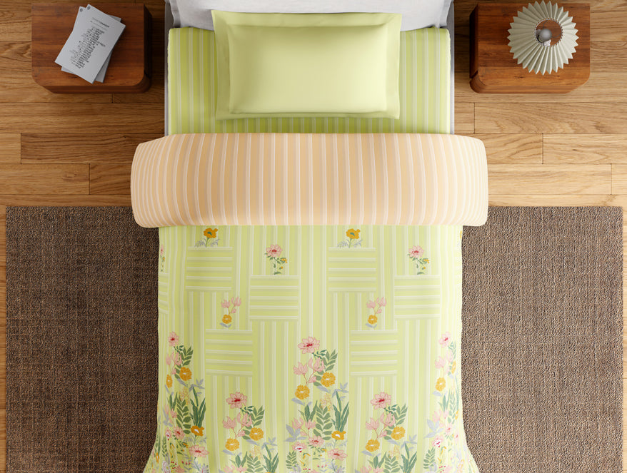 Essentials 100% Cotton Single Quilt, 144 TC, Floral, Light Green