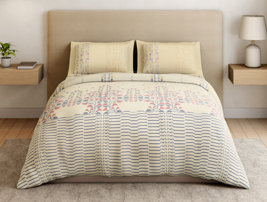 Essentials Premium 100% Cotton Large Bedsheet, 180 TC, Floral, Cream