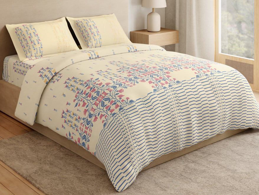 Essentials Premium 100% Cotton Large Bedsheet, 180 TC, Floral, Cream