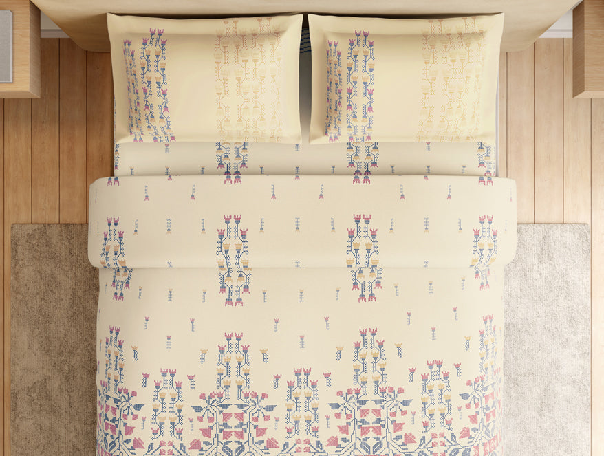 Essentials Premium 100% Cotton Large Bedsheet, 180 TC, Floral, Cream