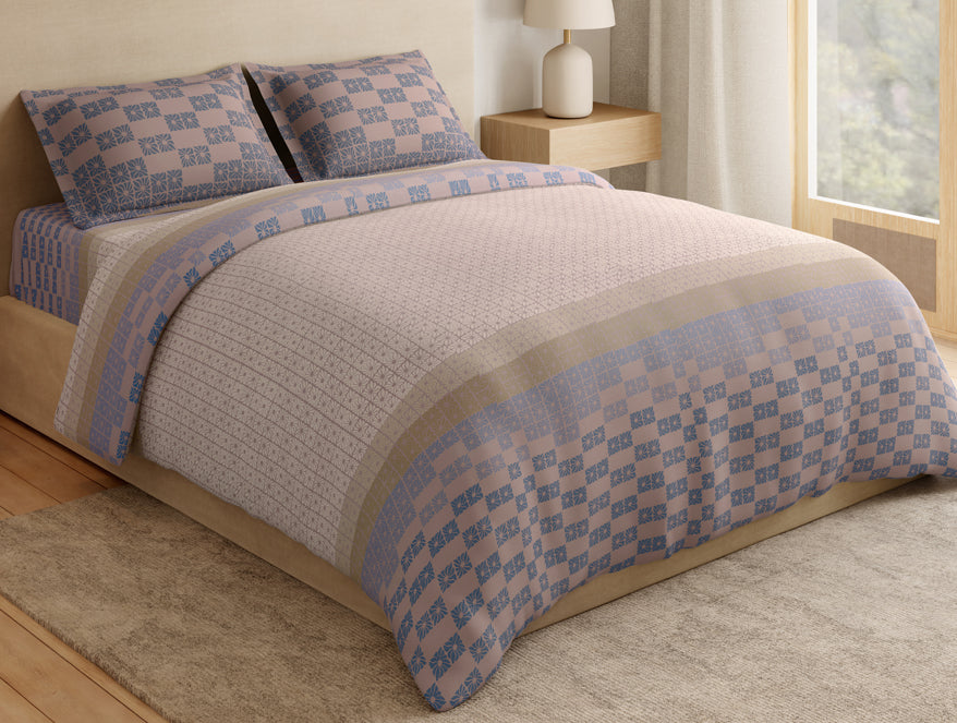 Essentials Premium 100% Cotton Large Bedsheet, 180 TC, Geometric, Light Blush