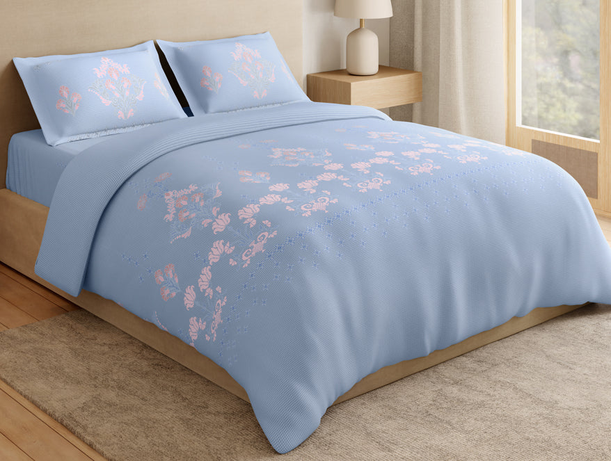 Essentials Premium 100% Cotton Large Bedsheet, 180 TC, Floral, Light Blue