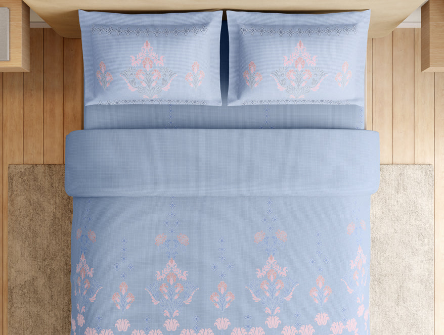 Essentials Premium 100% Cotton Large Bedsheet, 180 TC, Floral, Light Blue