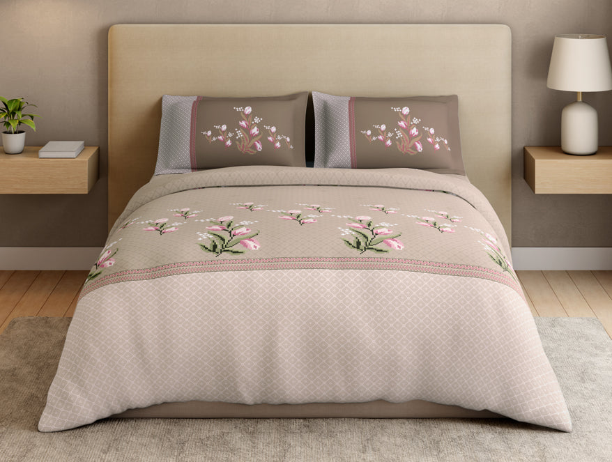 Essentials Premium 100% Cotton Large Bedsheet, 180 TC, Floral, Beige