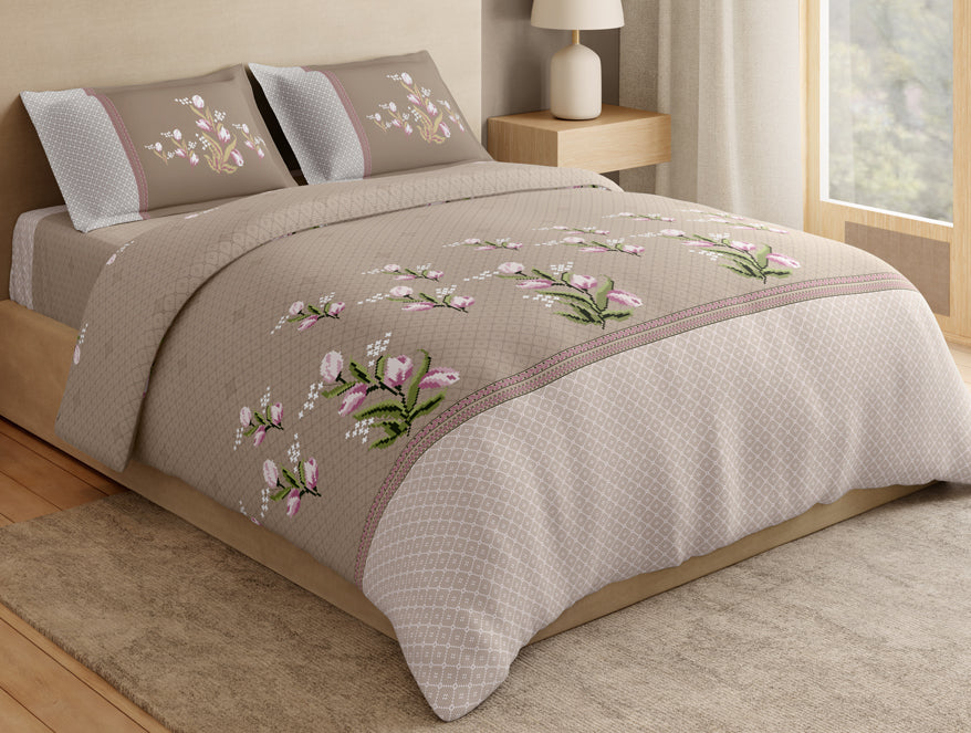 Essentials Premium 100% Cotton Large Bedsheet, 180 TC, Floral, Beige