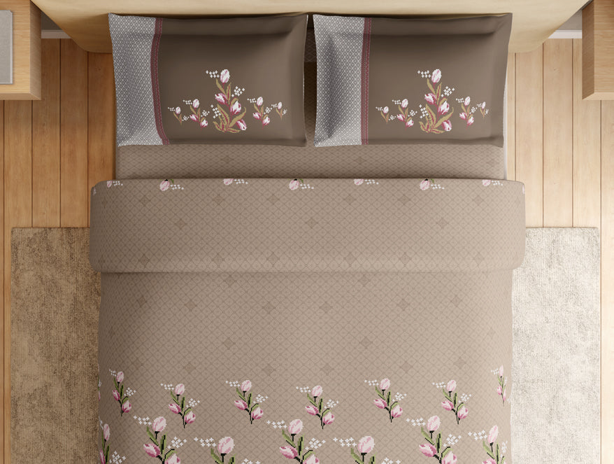 Essentials Premium 100% Cotton Large Bedsheet, 180 TC, Floral, Beige