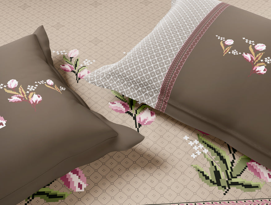 Essentials Premium 100% Cotton Large Bedsheet, 180 TC, Floral, Beige