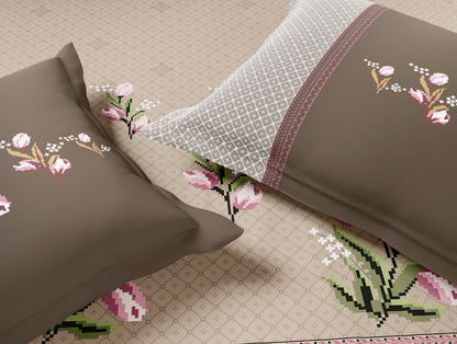 Essentials Premium 100% Cotton Large Bedsheet, 180 TC, Floral, Beige