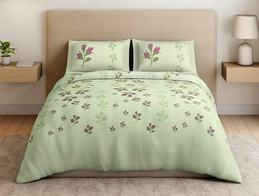 Essentials Premium 100% Cotton Large Bedsheet, 180 TC, Floral, Light Green
