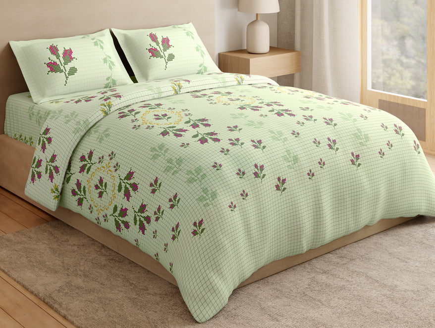 Essentials Premium 100% Cotton Large Bedsheet, 180 TC, Floral, Light Green