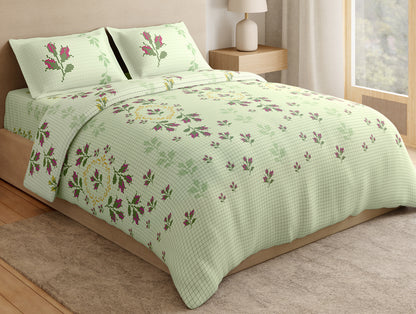 Essentials Premium 100% Cotton Large Bedsheet, 180 TC, Floral, Light Green
