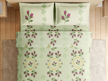 Essentials Premium 100% Cotton Large Bedsheet, 180 TC, Floral, Light Green