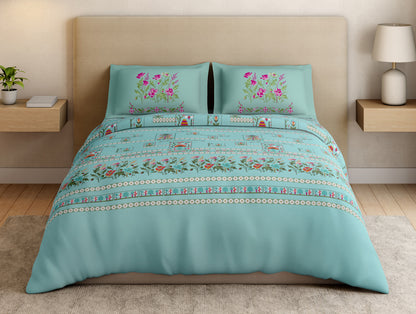 Essentials Premium 100% Cotton Large Bedsheet, 180 TC, Floral, Light Aqua