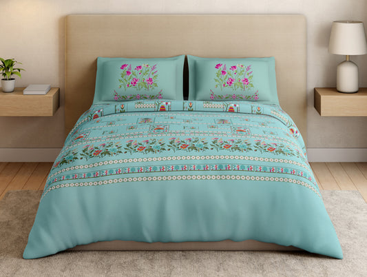 Essentials Premium 100% Cotton Large Bedsheet, 180 TC, Floral, Light Aqua