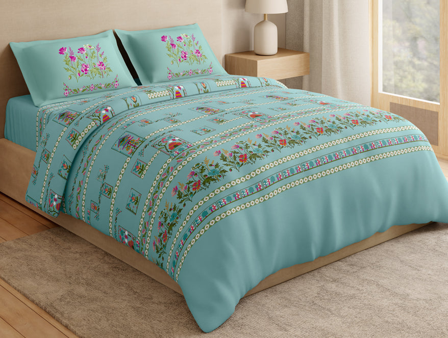Essentials Premium 100% Cotton Large Bedsheet, 180 TC, Floral, Light Aqua