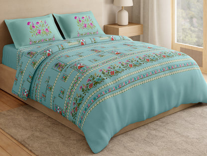 Essentials Premium 100% Cotton Large Bedsheet, 180 TC, Floral, Light Aqua