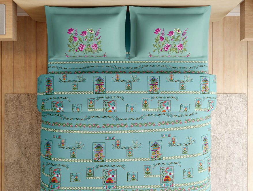Essentials Premium 100% Cotton Large Bedsheet, 180 TC, Floral, Light Aqua