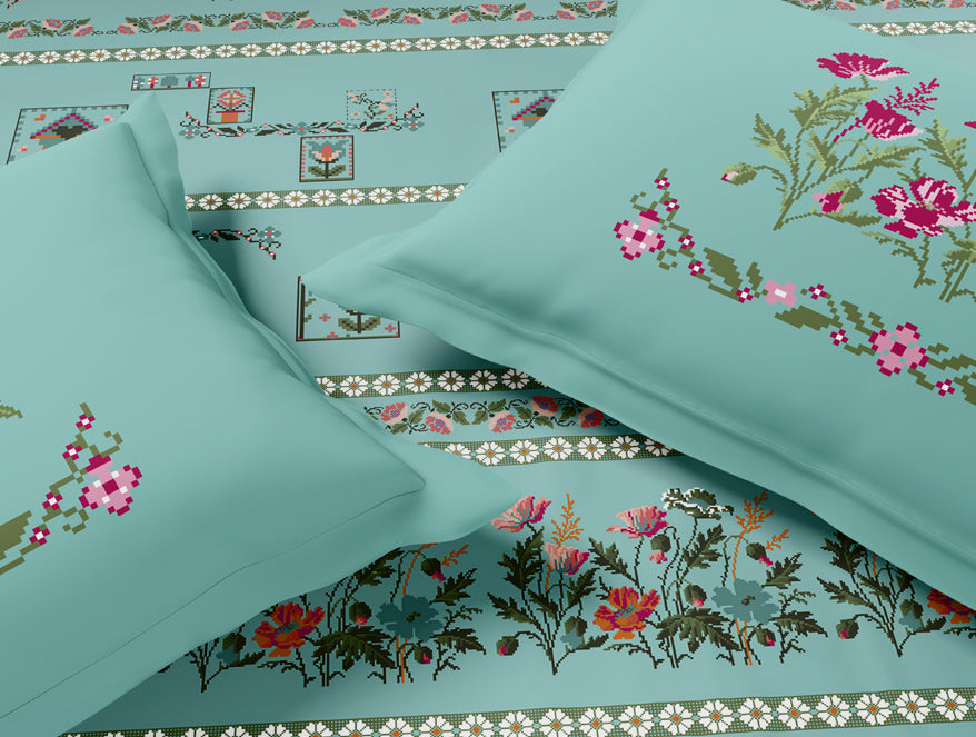 Essentials Premium 100% Cotton Large Bedsheet, 180 TC, Floral, Light Aqua