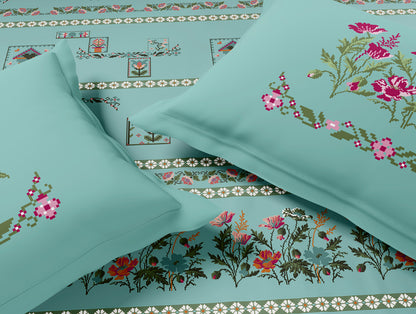 Essentials Premium 100% Cotton Large Bedsheet, 180 TC, Floral, Light Aqua