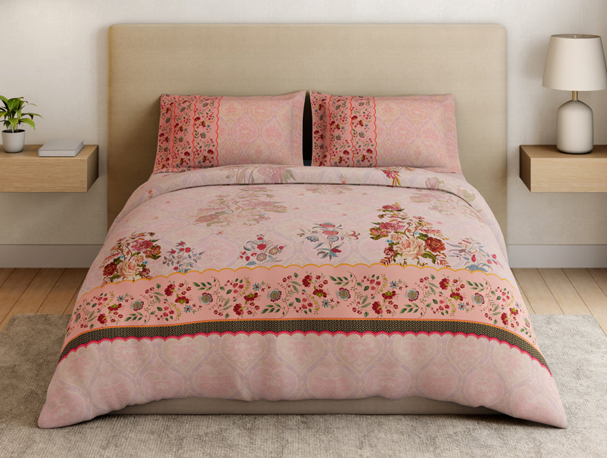 Essentials Premium 100% Cotton Large Bedsheet, 132 TC, Floral, Blush