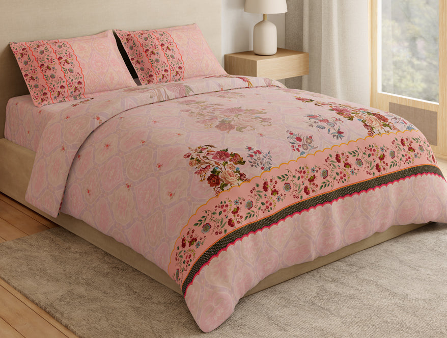 Essentials Premium 100% Cotton Large Bedsheet, 132 TC, Floral, Blush