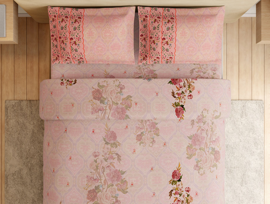 Essentials Premium 100% Cotton Large Bedsheet, 132 TC, Floral, Blush