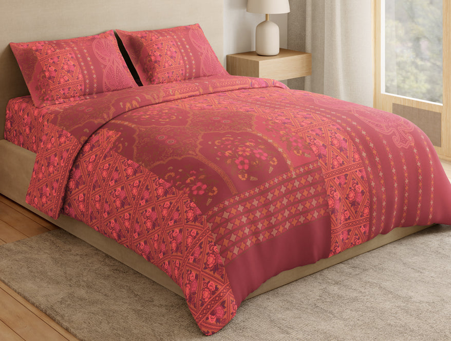 Essentials Premium 100% Cotton Large Bedsheet, 132 TC, Ornate, Red