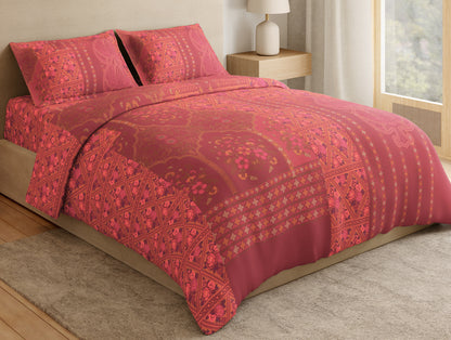 Essentials Premium 100% Cotton Large Bedsheet, 132 TC, Ornate, Red