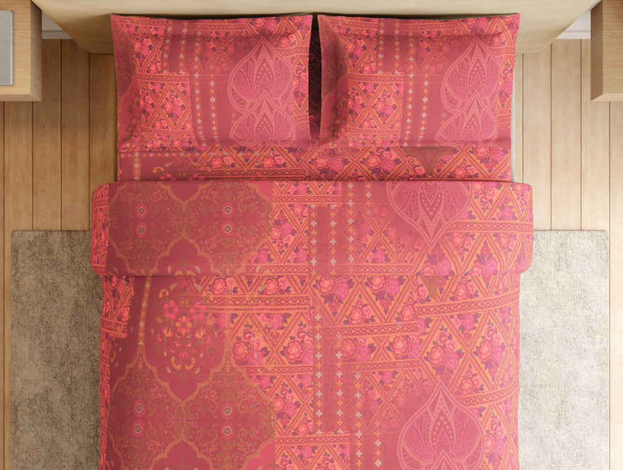 Essentials Premium 100% Cotton Large Bedsheet, 132 TC, Ornate, Red