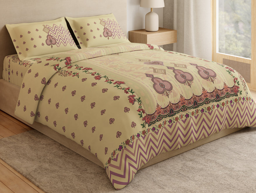 Essentials Premium 100% Cotton Large Bedsheet, 132 TC, Ornate, Light Yellow