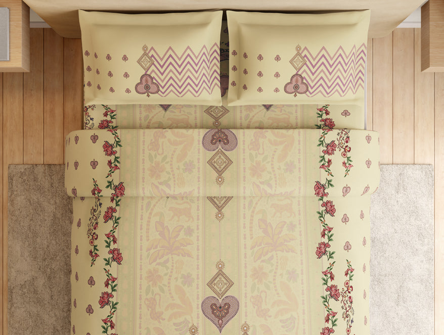 Essentials Premium 100% Cotton Large Bedsheet, 132 TC, Ornate, Light Yellow