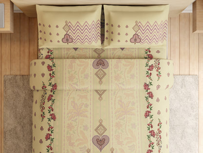 Essentials Premium 100% Cotton Large Bedsheet, 132 TC, Ornate, Light Yellow