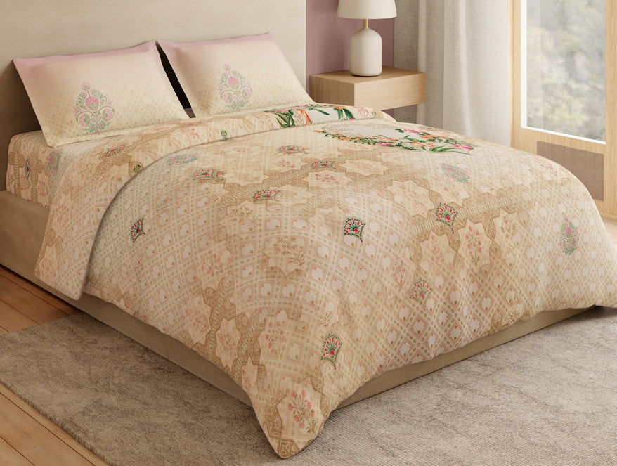 Essentials Premium 100% Cotton Large Bedsheet, 132 TC, Floral, Beige