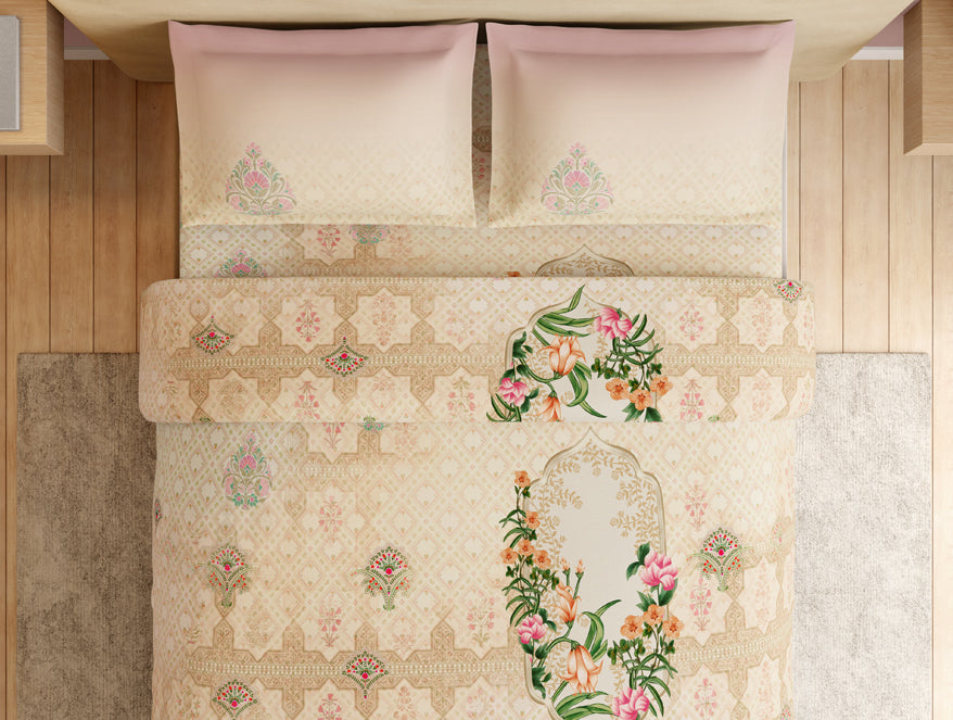 Essentials Premium 100% Cotton Large Bedsheet, 132 TC, Floral, Beige