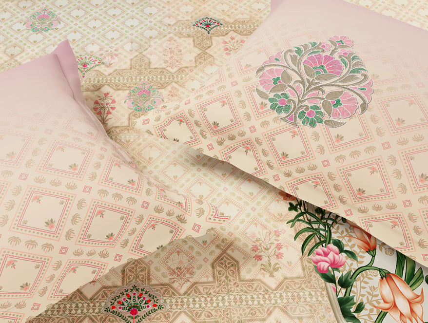 Essentials Premium 100% Cotton Large Bedsheet, 132 TC, Floral, Beige