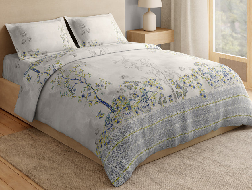 Essentials Premium 100% Cotton Large Bedsheet, 132 TC, Floral, Cream